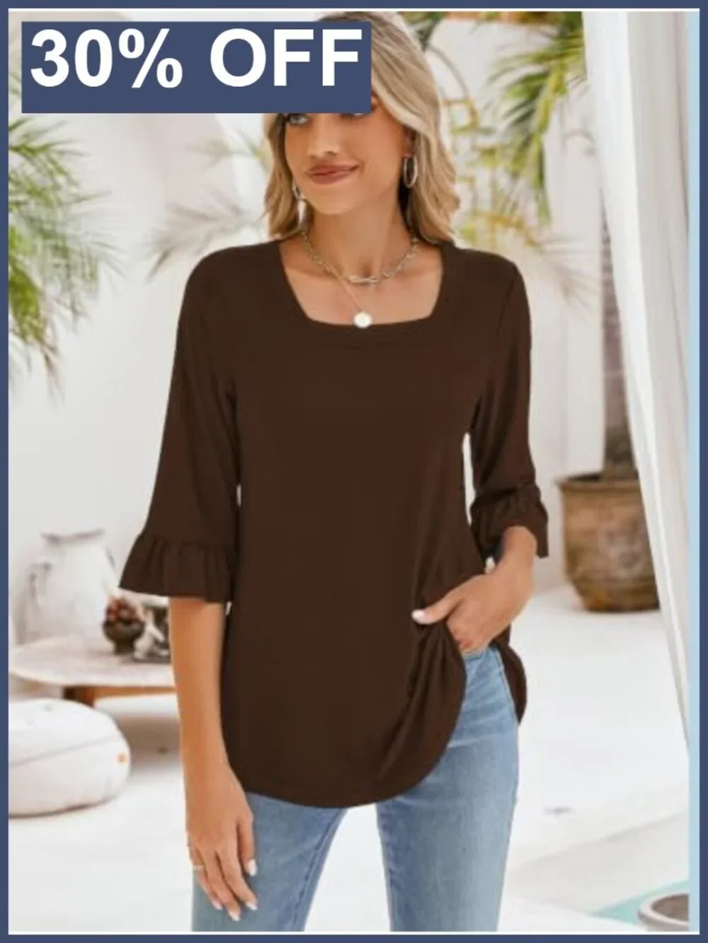Womens 3/4 Sleeve Square Neck Ruffle Tunic Blouse Loose Fit Casual Top